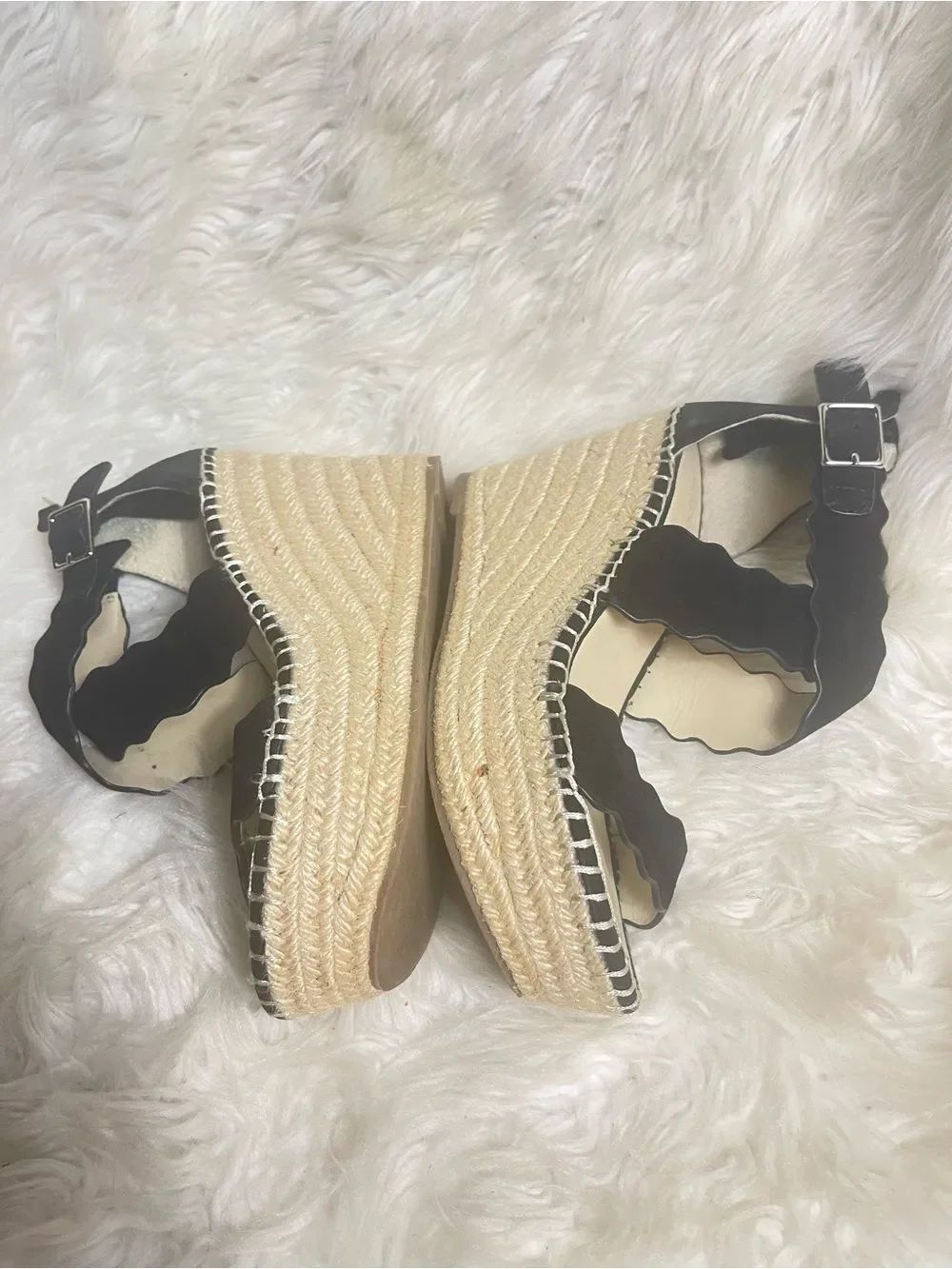 Marc Fisher leather suede Black Scalloped Strap Wedge platform Espadrilles SZ7.5